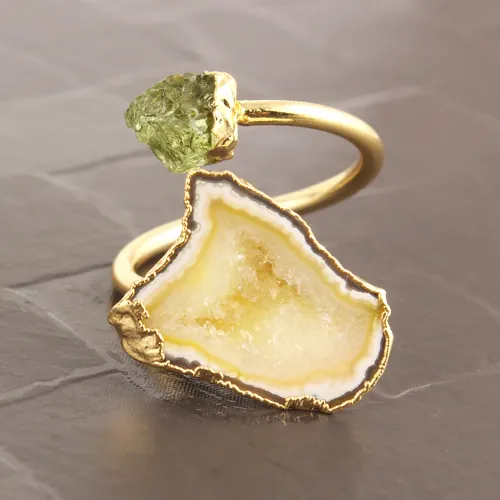 Cheap price natural rough peridot with lemon geode druzy unisex ring electroplating double stone adjustable boho statement ring