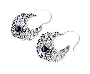 ต่างหูห่วงพลอยโอนิกซ์สีดำชุบเงิน925สำหรับผู้หญิงหินกลมสไตล์โบฮีเมียน - Product Image 3