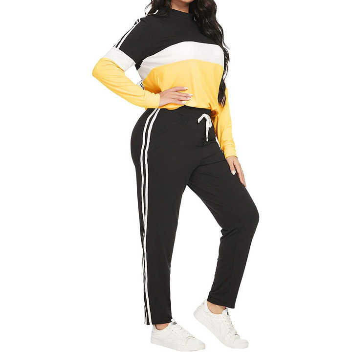 Custom Design Women's 2-Piece Sportswear Stripe Patchwork Jogger Pant Set with Long Sleeve Shirt and Skinny Sweatshirt Tra