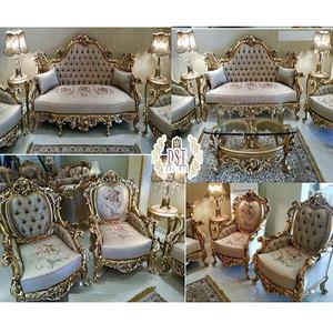 Conjunto de sofá tallado para sala de estar, conjunto de muebles de madera de teca tallada completa, color blanco y dorado, cómodo - Product Image 1