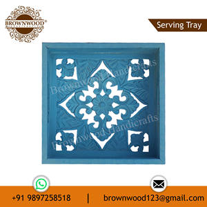 Bandeja tallada de madera antigua azul rústica MDF madera decorativa diseño personalizado bandeja multiusos proveedor al por mayor para hoteles hogares - Product Image 6
