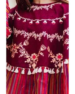 Vin profond Banjara Poncho 100% coton Boho Floral Style Tribal point de chaîne broderie doublure volant ourlet gland garniture respirant - Product Image 3