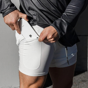 Factory-Made Adult Size Men's Double <b>Layer</b> Gym Shorts Canvas Quick Dry Casual Fitness Style Elastic Waist for Summer Workouts - Product Image 3