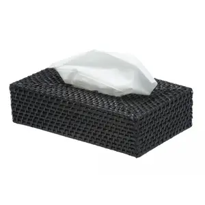 Grote Rechthoek Rotan Tissue Box Cover Zwart Duurzaam Rotan Geweven Tissue Box Servet Houder Roestvrij