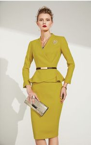 Conjunto de oficina de invierno para mujer, falda y blusa personalizada con cinturón, Color verde y amarillo, nueva colección - Product Image 5