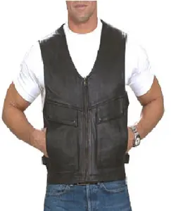 LEATHER BIKER MEN VESTS BLACK HUNTING VEST GENUINE LEATHER OUTER WEAR VEST FOR MEN CASUAL WEAR