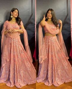 Lehengha choli-Espejo con bordado de color melocotón para mujer, espejo con Bordado plateado, estilo completo, Red de encaje de cuatro lados, dupatta - Product Image 1