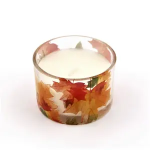Decorative Aromatherapy Votive Wholesale Scented Candle Leaf Printed Glass Home Decoration Amber Blown Glass Tea Light Holder