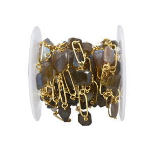 Labradorite Nuggets Rosary Chain 10–12mm Brass 18K Gold Plated <b>Wire</b> Wrapped Gemstone Chain Sold by Foot for Jewelry Making - Product Image 1