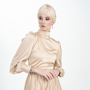 Vestido Abaya con capa ajustada para mujer musulmana, vestido de boda islámico modesto, exclusivo, Color Beige, tocado - Product Image 5