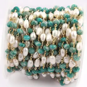 Natural Pearl Amazonite 24k Gold Plated Rosary Chains DIY Necklace Making Chain DIY Rosary Chain