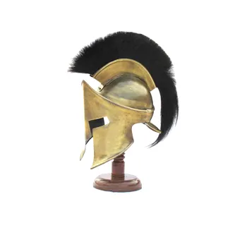 Helm Armor Spartan Buatan Besi dengan Plume Hitam dan Helm Armor Dekoratif Abad Pertengahan Lapisan Antik Kuningan untuk Grosir