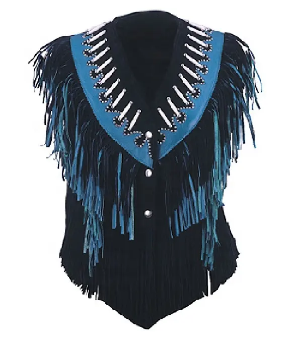 HMB-3641F LEDER WESTE FRINGES BEADS WORK STYLE WAIST COAT BLACK BONE VESTS