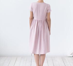 <b>Pink</b> V-neck Short Sleeve Linen Knee-Length Dress <b>Wrap</b> and Tie A-line Loose Formal Breathable Summer with Pockets - Product Image 4