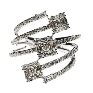 China hong kong fabricante direto triplo baguette cluster 18k cor sólida branco ouro natural diamante na moda anel fantasia para festa