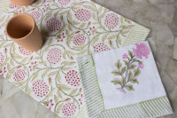 Set Alas Meja dan Serbet Katun India Cetak Blok Tangan Motif Bunga Ramah Lingkungan Merek Indus, Bentuk Persegi Panjang, 15 Alas Meja dan Serbet