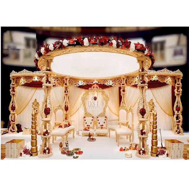 Mandap de casamento de madeira, mandap de casamento, ideias de decoração tradicionais de estilo indiano, mandap de madeira, designer único de casamento