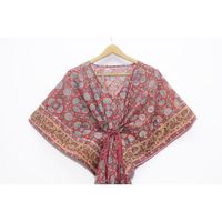 Robe Kaftan Bohème en Mousseline Col V Sans Manches Imprimé Floral Ample Longueur Genou Taille Cordon Naturel Écologique Décontractée Été