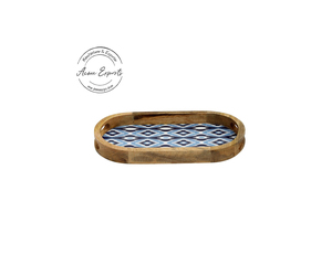<b>Oval</b> Wood Storage Tray With Blue Ikat Pattern And Handles For <b>Table</b> Use - Product Image 6