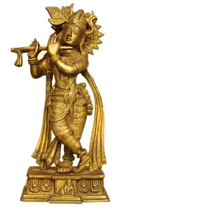 ทำด้วยมืออินเดียทองเหลืองขนาดเล็ก Hindu พระเจ้า Krishna รูปปั้น