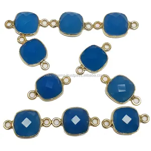 Blue Chalcedony Gemstone Gold Plated Double Bail Bezel Connectors Making Jewelry Supplier