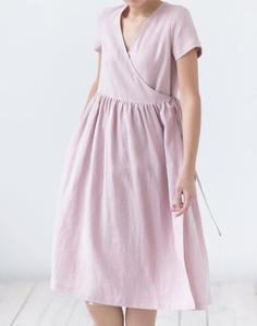 <b>Pink</b> V-neck Short Sleeve Linen Knee-Length Dress <b>Wrap</b> and Tie A-line Loose Formal Breathable Summer with Pockets - Product Image 3