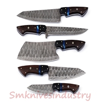 Handgemaakte Damascus DIY kookmes set, 1-delig vaststaand koksmes met hoge koolstofstaal drop point lemmet en houten handvat.