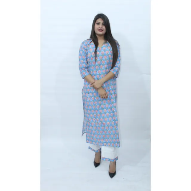 Vestido Kurti com calça para mulheres, novo vestido indiano de algodão puro, com recorte estampado, Kurti longo e calça reta para meninas