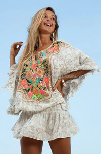 Boho Glam Embellished ด้านหน้า Elasticated เอว Ruffle Trim แขนผู้หญิง Kaftan ชุดเซ็กซี่ Lady Poncho ปัก - Product Image 4