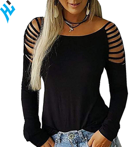 Chemisier à manches longues pour femmes, de haute qualité, à épaules dénudées, simple, ajouré, col bateau, chemises décontractées, nouveauté, collection - Product Image 1