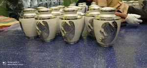 BRASS ANGEL PRAYING ENGRAVED WHITE CREMATION URN <b>FUNERAL</b> <b>SUPPLIES</b> Brassworld India - Product Image 2