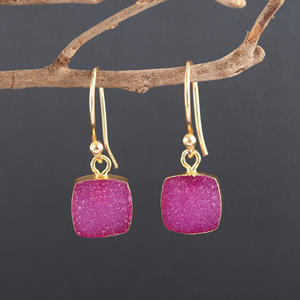 Vente chaude 10mm coussin forme rose chaud sucre naturel druzy goutte crochet boucle d'oreille 18k or plaqué boucles d'oreilles - Product Image 3