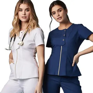 Conjunto de roupa de trabalho feminina personalizado, conjunto de roupas de trabalho para mulheres com zíper de metal top e calça roupas de trabalho para trabalhadores de saúde