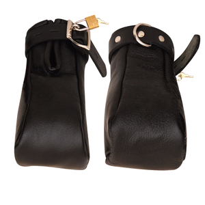 Migros 2 Piece Black Real Leather Padded Fist Mitts Gloves Lockable Restraints for Anal Sex - Product Image 2