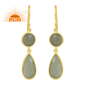 ต่างหูพลอยคาลซิโดนีสีเขียวเหลี่ยมเพชรพลอยต่างหูชุบทอง18K - Product Image 1