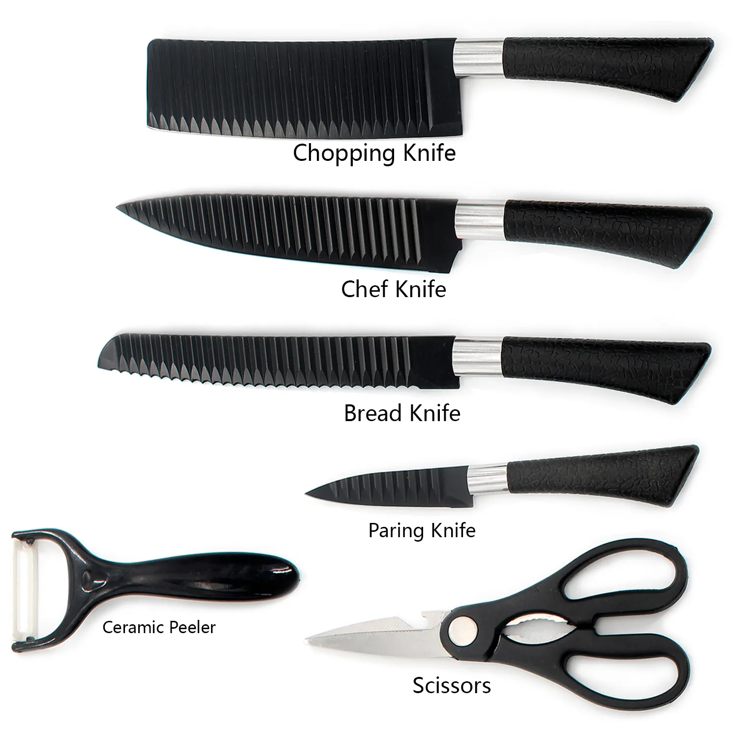 Wholesale Set of 6 Black Color Kitchen Knife Scissors Ceramic Peeler Chef Slicer Paring Knife Kitchen Knives Set