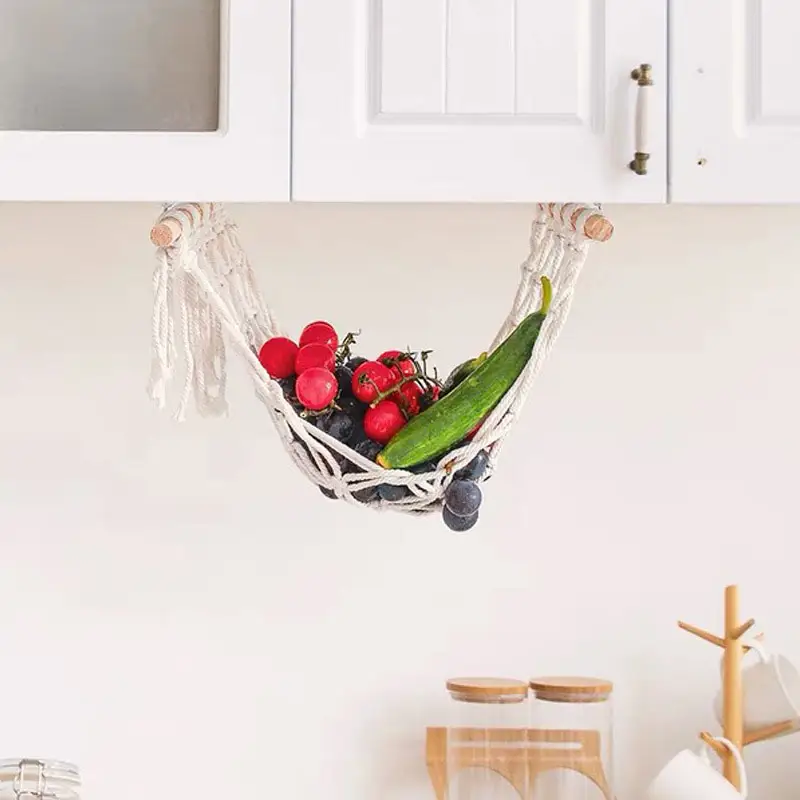 Top Selling Storage Kitchen Basket Hanging Under Cabinet Wood Fruit Hammock Macrame
