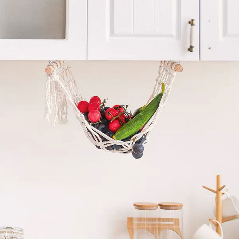 Top Selling Storage Kitchen Basket Hanging Under Cabinet Wood Fruit Hammock Macrame