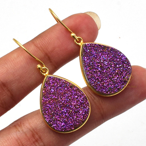 Gorgeous Pink <b>Titanium</b> Druzy Gemstone 925 Sterling Silver Dangle Earrings 18K Gold Plated Trendy for Parties Gifts Wholesaler - Product Image 4