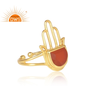 Anillo de Plata de Ley 925 con forma de mano de Hamas, anillo de piedras preciosas de ónix rojo, chapado en oro, proveedor de joyería - Product Image 3