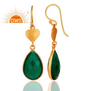 Hot Popular <b>Green</b> Onyx Gemstone Earrings 18k Yellow Gold Plated Silver Dangle Hook Earrings Indian Jewelry Supplier - Product Image 3