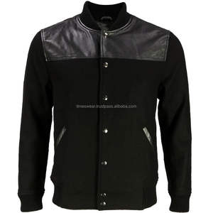 <b>Black</b> Wool and Lambskin Leather Varsity Baseball Jacket with <b>Button</b> Decoration Plus Size Breathable Winter Season Comfortable - Product Image 2