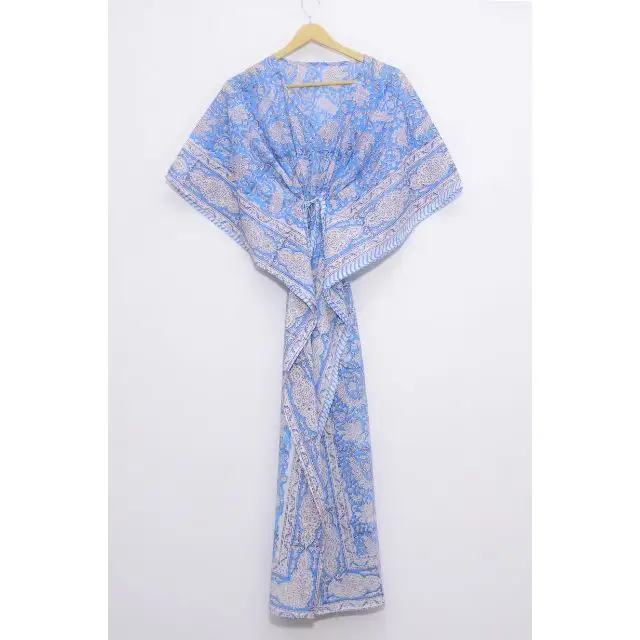 Handblock Floral Printed Robe Sleepwear Women Gown Kaftan Cotton Crossover Stylish Tunic Maxi Beach Caftan Dress