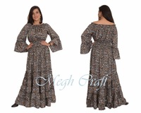 Robe maxi en soie recyclée bohème pour femmes, robe longue évasée à imprimé ethnique faite à la main avec col en V et manches bouffantes