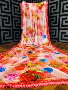 Vêtements de fête attrayants fleur imprimé travail coton Saree couleur Orange et chemisier non cousu femmes indiennes porter prix de gros vêtement - Product Image 3