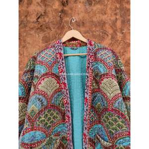 Veste d'hiver en coton multicolore, 5 pièces, impression multicolore, court, Maxi ethnique, Kantha manteau pour femmes, peignoir fait à la main - Product Image 6