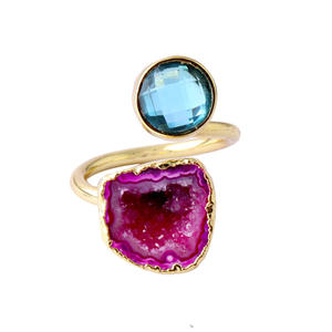Wholesale High Quality Round Blue <b>Quartz</b> & Natural Geode Druzy Double Stone Adjustable <b>Ring</b> Gold Plated Statement Druzy <b>Rings</b> - Product Image 1