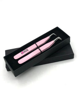 Pinzas de extensión de pestañas de acero inoxidable con revestimiento de polvo rosa claro de 90 grados de estilo profesional, instrumentos de belleza con logotipo personalizado - Product Image 3