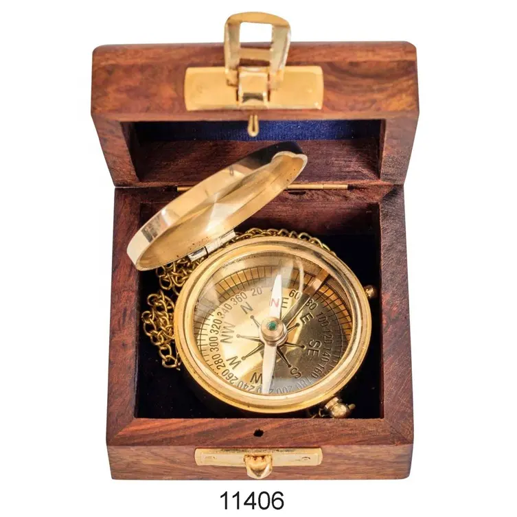 Nautical Compass With Lid & Chain In Wooden Box For Sale