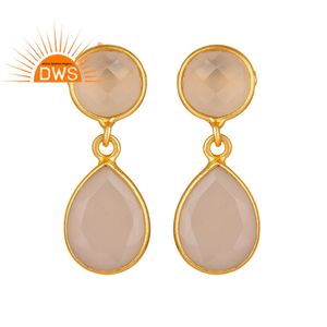 Set de boucles d'oreilles pendantes en argent plaqué or 18k, boucles d'oreilles goutte, fournisseur de bijoux, éléments en pierre précieuse de calcédoine Rose, vente en gros - Product Image 1